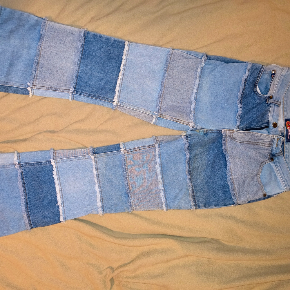 Blue Flare Patchwork Jeans with Wide Leg